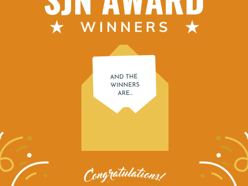 A golden envelope is open showing a paper with the text "And the winners are..."