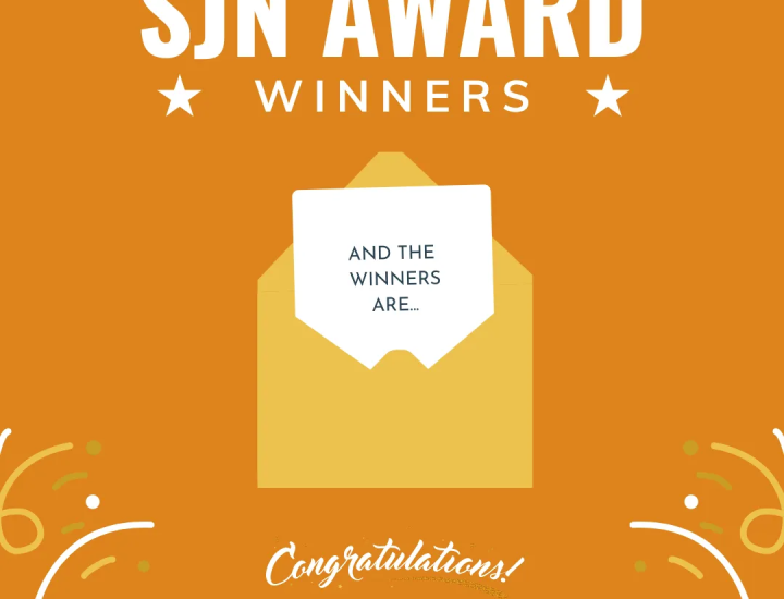 A golden envelope is open showing a paper with the text "And the winners are..."