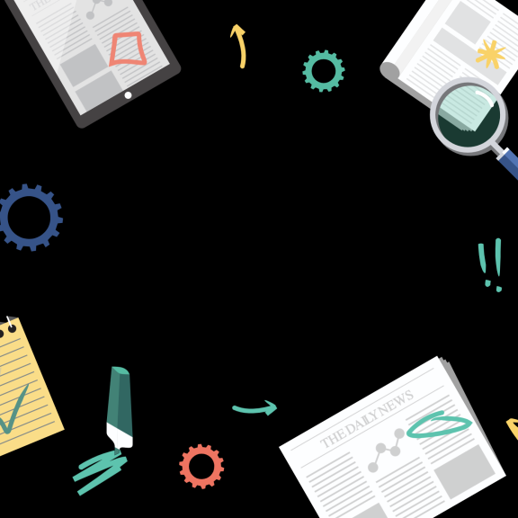 Illustration of newspapers, pens, and notebooks