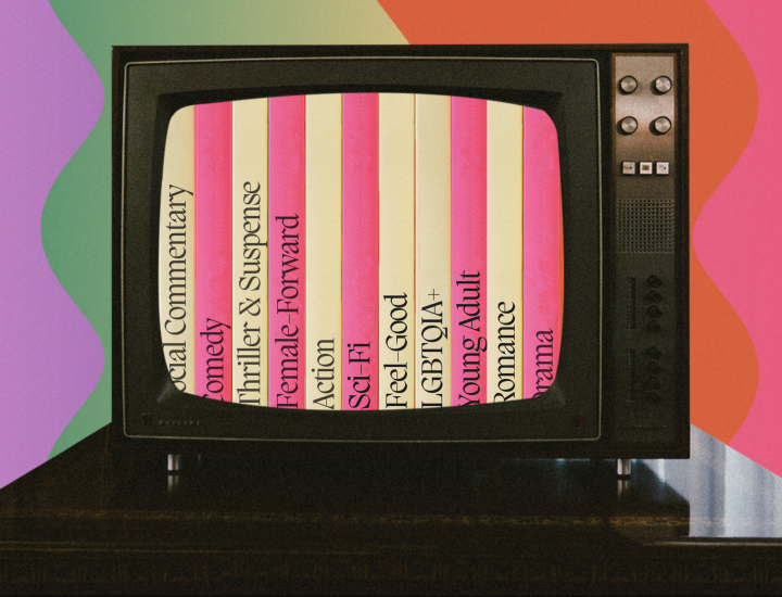 A television screen shows the names of TV and movie genres like comedy, action, and sci-fi