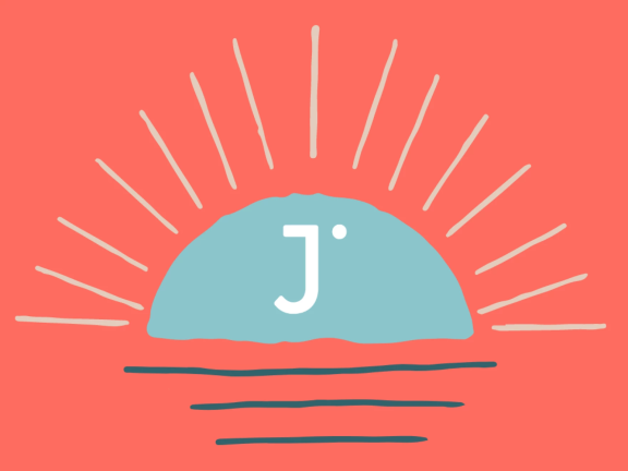 A rising sun has a large J on it