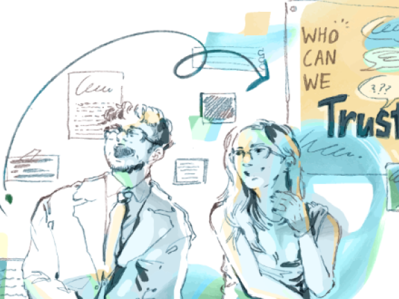 Ideas swirl around two people 